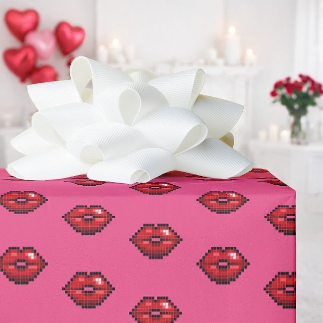 Papel De Presente Fun Red Lips Valentine's Day Pixel Art Pattern (Criador carregado)