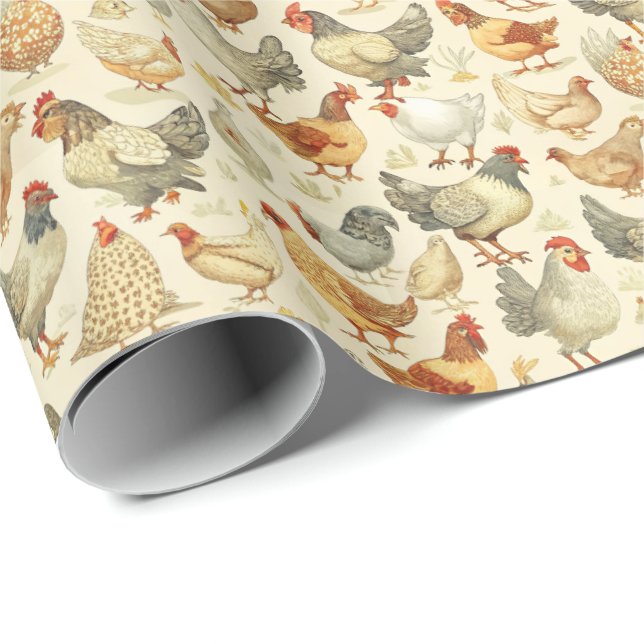 Papel De Presente Fun roosters chickens tiled pattern  (Ponta do rolo)