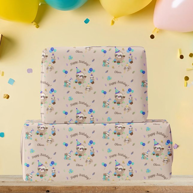 Papel De Presente Fun Sloth Birthday Party Blue Theme Kids (Criador carregado)