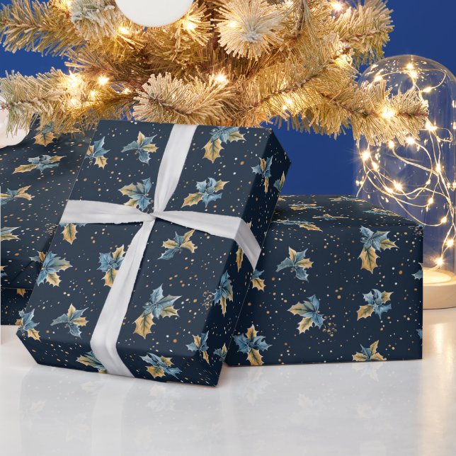 Papel De Presente Fundo Azul com Folhas Douradas e Azuis (Feriados)