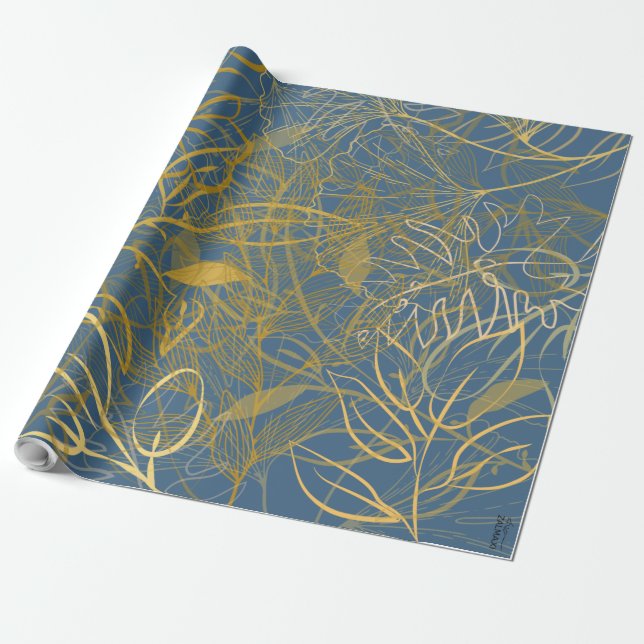 Papel De Presente Fundo Azul Folha Dourado clássico (Desenrolado)