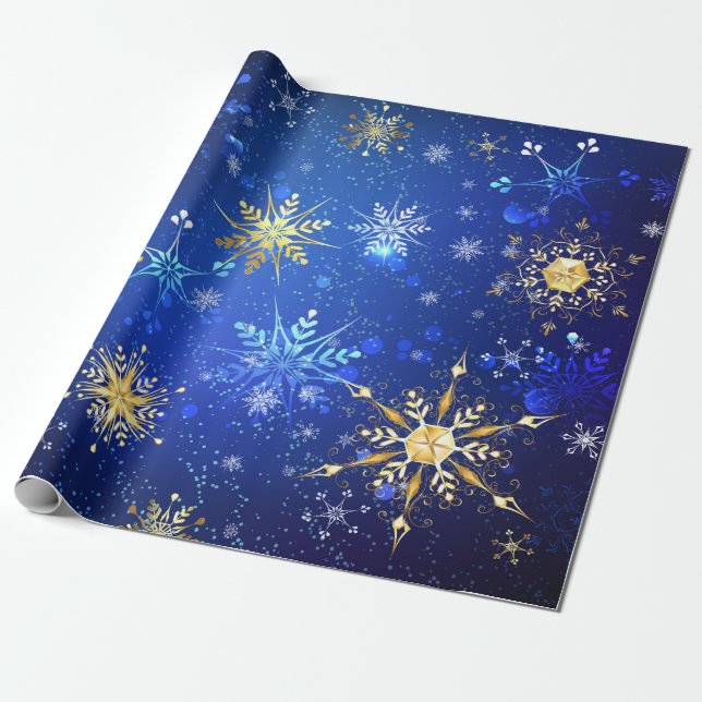 Papel De Presente Fundo Azul XMAS com Flocos de Neve Ouro (Desenrolado)