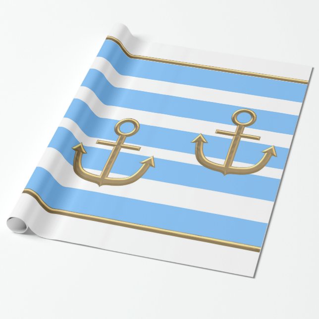 Papel De Presente fundo branco azul da âncora dourada (Desenrolado)