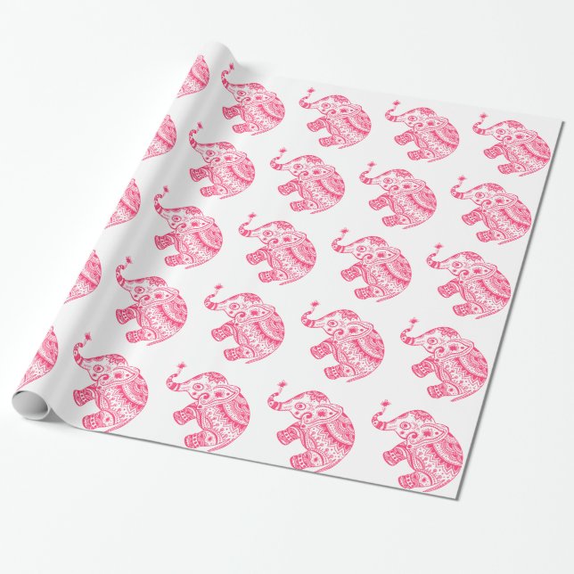 Papel De Presente Fundo Branco do Elefante Floral Rosa (Desenrolado)