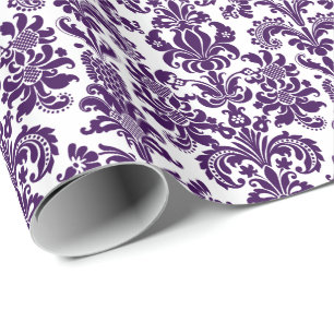 Papel De Presente Fundo Branco sobre Damascos Florais Roxos Elegante
