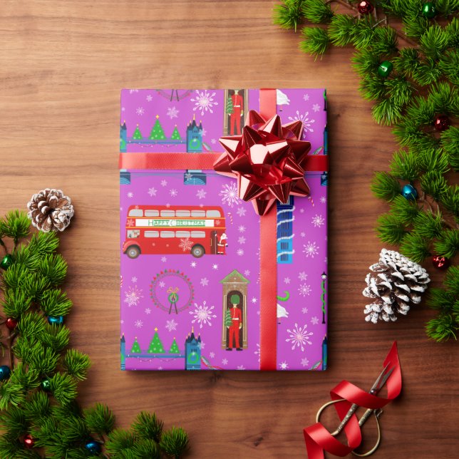 Papel De Presente Fundo com padrão roxo de Natal em Londres (Presente de Natal)