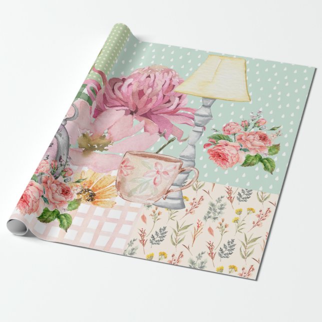 Papel De Presente Fundo de aquarela pastel Botânico Aniversário (Desenrolado)