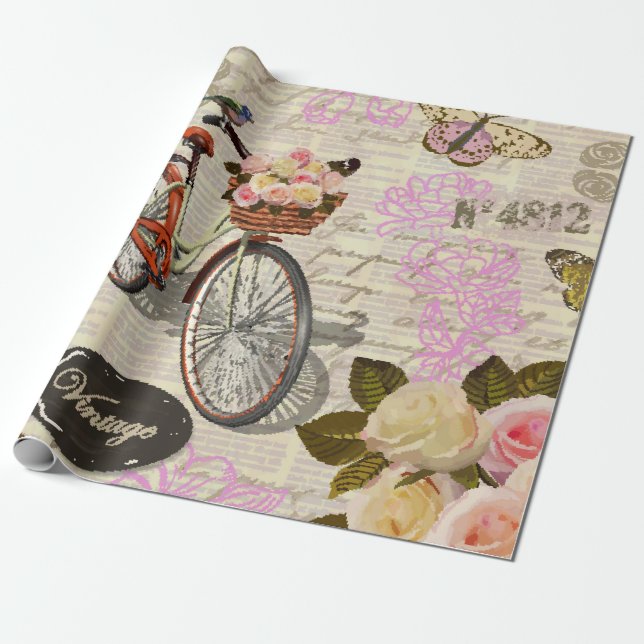 Papel De Presente Fundo de colheita sem costura com rosas, borboleta (Desenrolado)