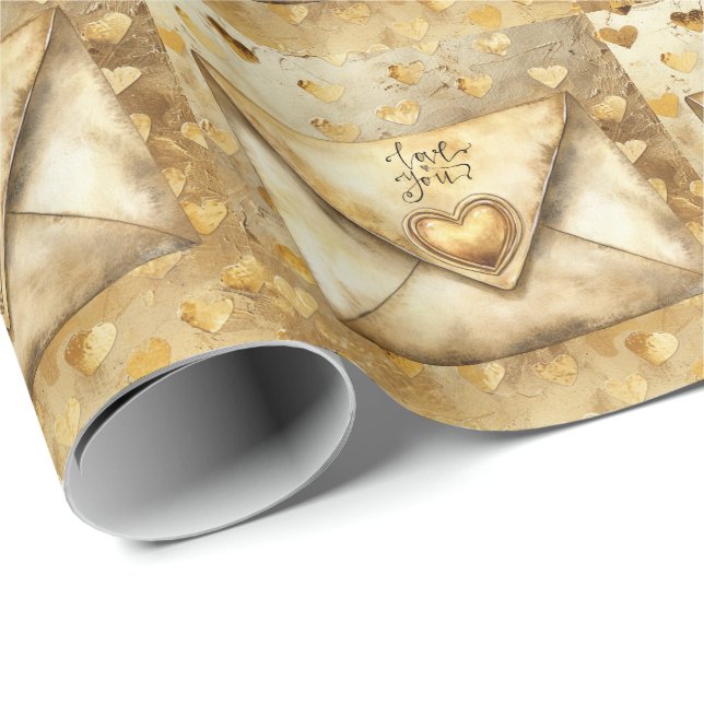 Papel De Presente Fundo de Corações Dourados tema Amor (Ponta do rolo)