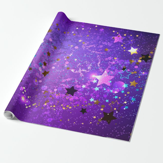 Papel De Presente Fundo de folhas roxas com estrelas (Desenrolado)