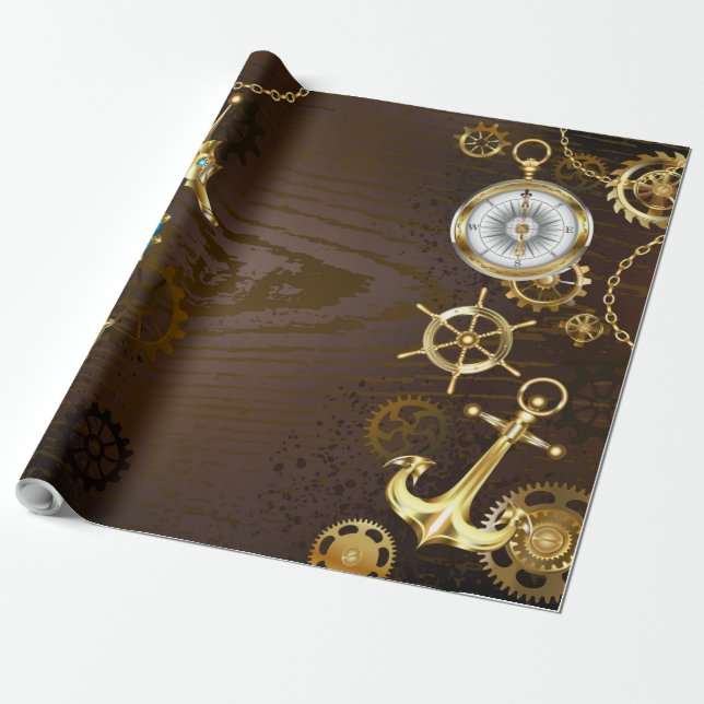 Papel De Presente Fundo de madeira com cavalo de mar mecânico (Desenrolado)