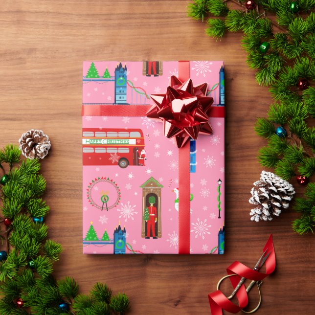 Papel De Presente Fundo de padrão rosa de Natal em Londres (Presente de Natal)