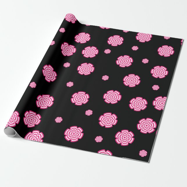 Papel De Presente Fundo escuro, flores rosa estilizadas e brilhantes (Desenrolado)