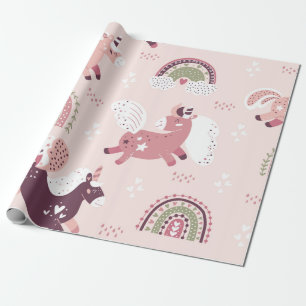 Papel De Presente Fundo mágico com pequenos unicórnios e arco-íri