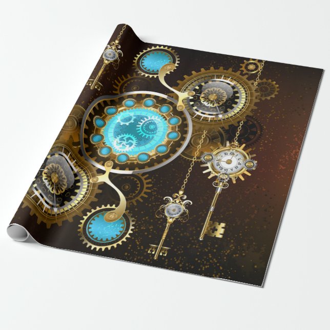 Papel De Presente Fundo Rusty Steampunk com Lentes Turquesa (Desenrolado)