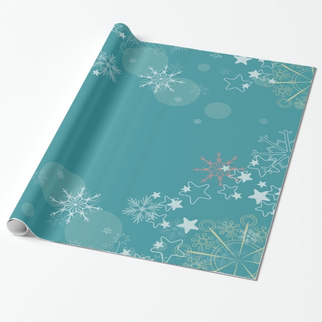 Papel De Presente Fundo Teal com Flocos de Neve Brancos Enrolando (Desenrolado)