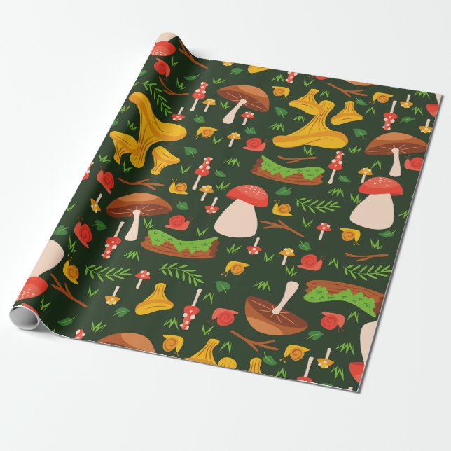 Papel De Presente fungos cogumelos floresta lesmas bosque verde (Desenrolado)