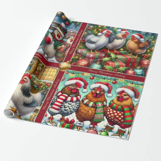 Papel De Presente Funny Christmas Chickens Wrapping Paper with Text (Desenrolado)