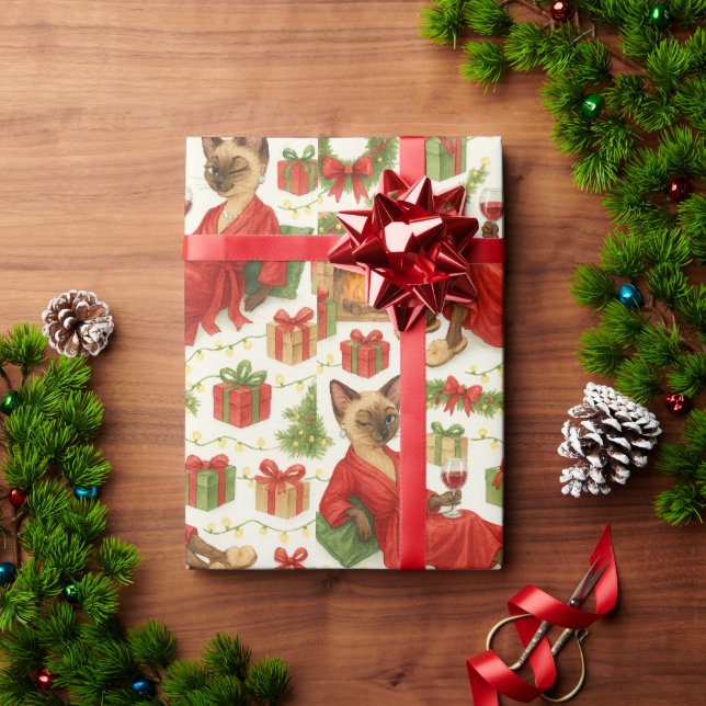 Papel De Presente Funny Christmas Siamese Cat Pattern Holiday Chaos (Presente de Natal)