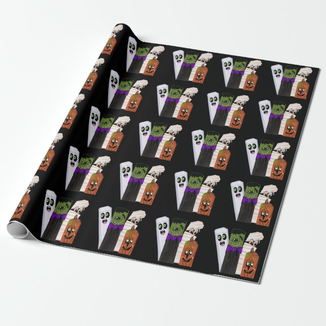 Papel De Presente Funny Frankenstein Ghost Pumpkin Homem Invisível (Desenrolado)