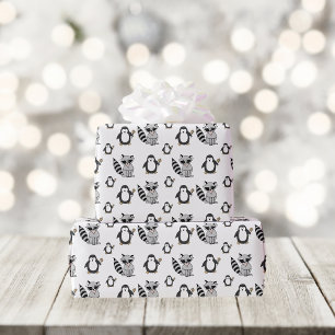 Papel De Presente Funny Raccoon e Pinguin Patterno