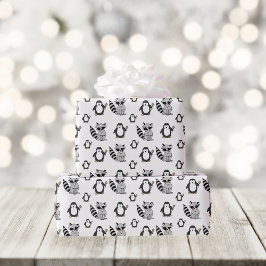 Papel De Presente Funny Raccoon e Pinguin Patterno