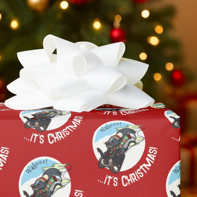 Papel De Presente Funny Skunk On Sled Wahoo! It's Christmas! Cartoon (Criador carregado)
