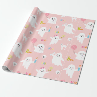 Papel De Presente Funny White Ghost Pink With Balloon Halloween