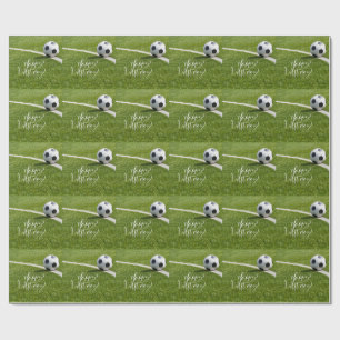 Papel De Presente Futebol Aniversário com bola e Feliz Aniversário 