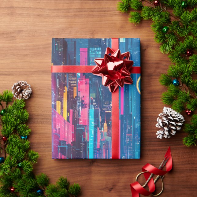 Papel De Presente Futuristic Vibrant Neon Night Cityscape (Presente de Natal)