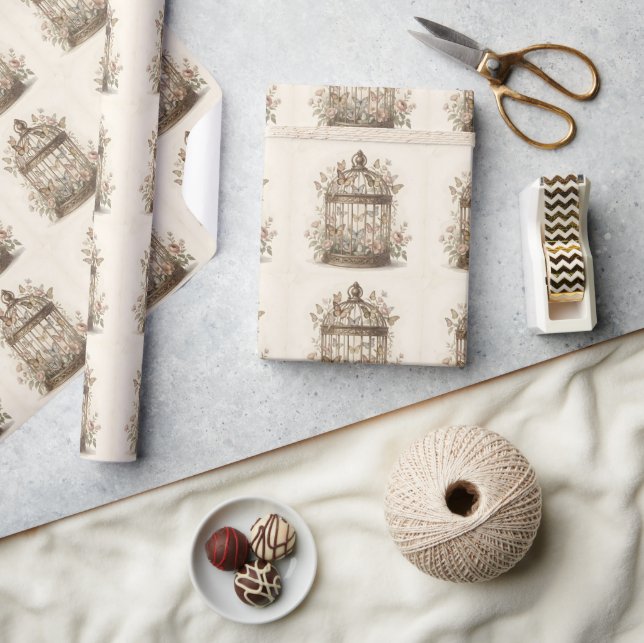 Papel De Presente Gaiola antiga com flores e borboletas (Artesanato)