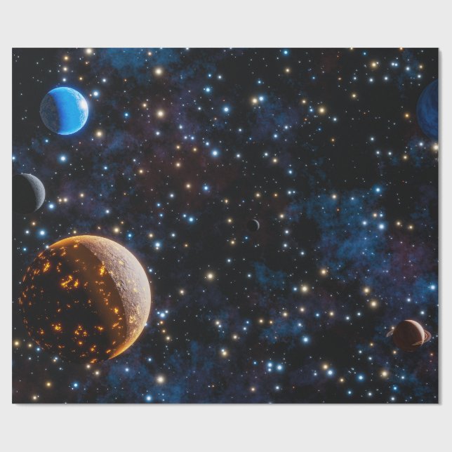Papel De Presente Galáxia com estrelas e planetas (Aberto)