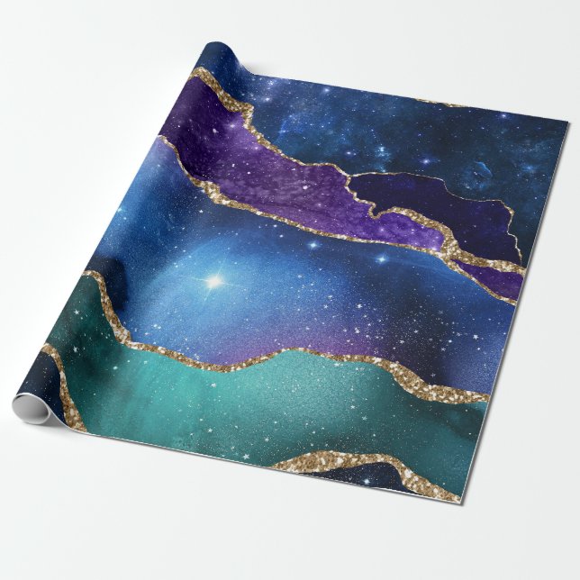 Papel De Presente Galáxia Rosa Azul Roxo Ágata Falso Brilho Dourado (Desenrolado)
