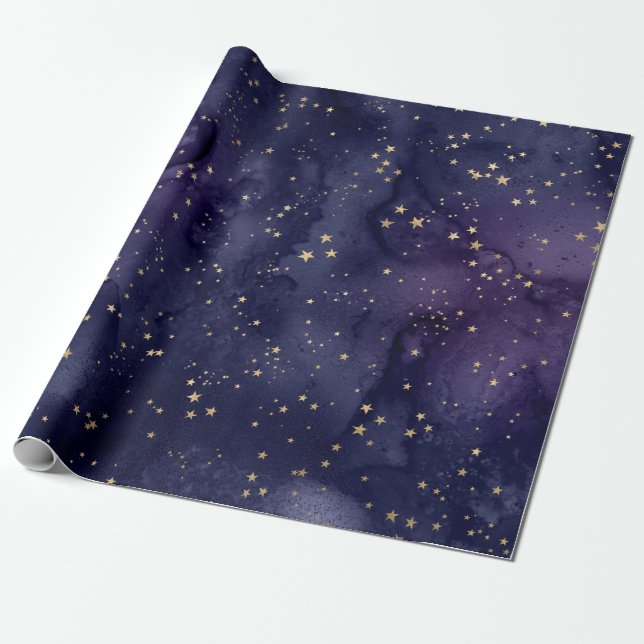 Papel De Presente Galáxia Roxa e Azul com Estrelas (Desenrolado)