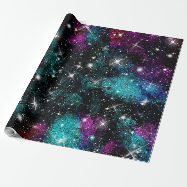 Papel De Presente Galáxia Violeta Verde Estrela Via Láctea (Desenrolado)