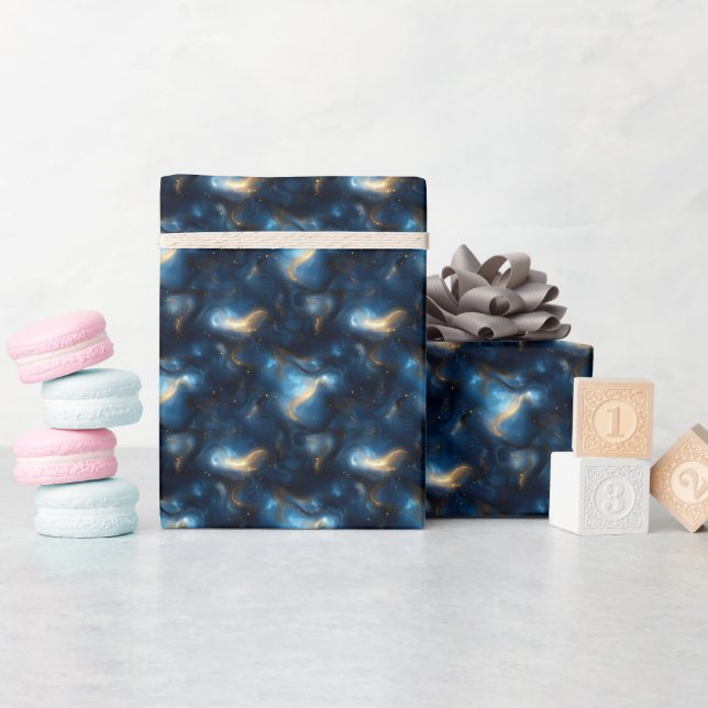 Papel De Presente Galáxias Giratórias Douradas e Azuis (Chá de bebê)