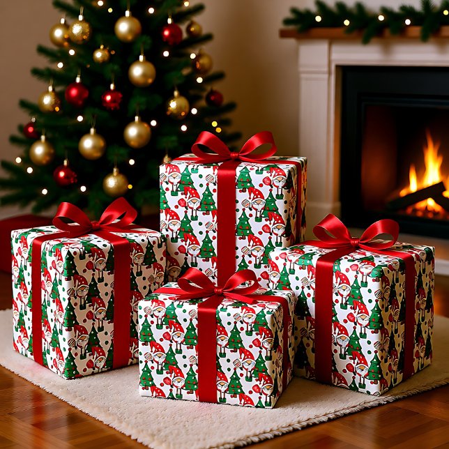 Papel De Presente Galebol e Árvores de Natal (Pickleball Santas and Christmas trees Wrapping Paper)