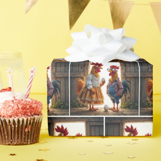 Papel De Presente Galinhas Cômicas Com Ovos (Festa de aniversário)