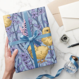 Papel De Presente Galinhas e jacintos em azul-céu