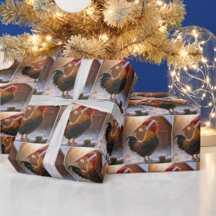 Papel De Presente Galo de Natal Cantando em uma Cerca Coberta de Nev