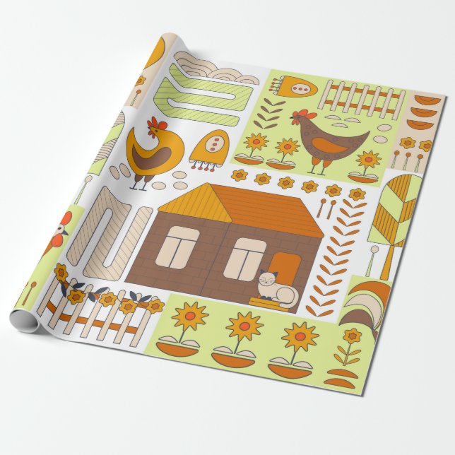 Papel De Presente Galo e duas galinhas, ovos, flores, casa, gaveta (Desenrolado)