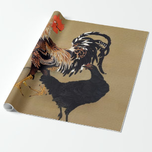 Papel De Presente Galo e Galinha por Ito Jakuchu