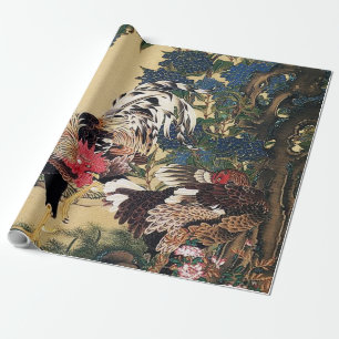 Papel De Presente Galo Galinha e Hortênsia por Ito Jakuchu