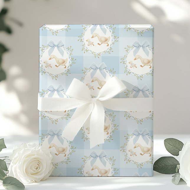 Papel De Presente Ganso Bobo Laço Azul Gingham Caprichoso Préppy (Criador carregado)