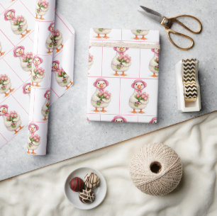 Papel De Presente Ganso Branco Segurando Buquê de Tulipas Rosa