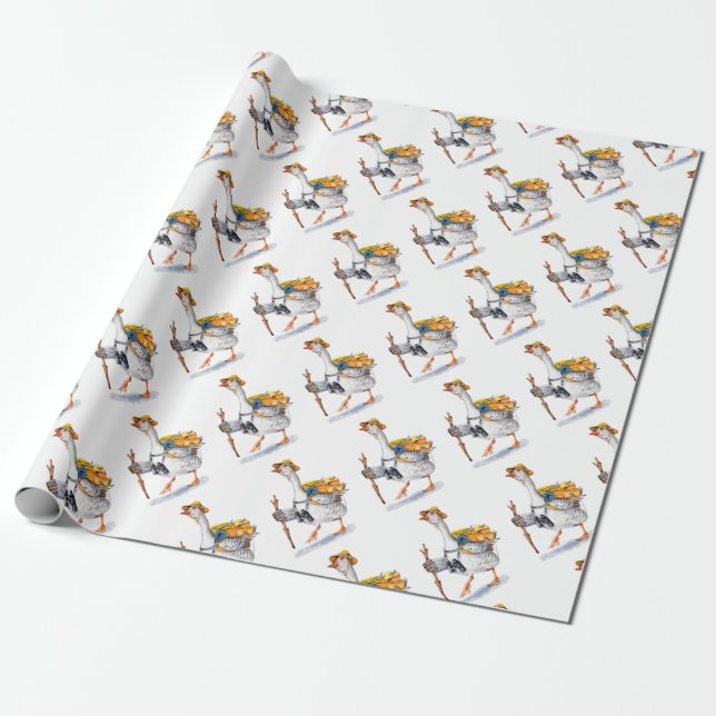 Papel De Presente Ganso de caminhada com mochila e binoculares (Desenrolado)