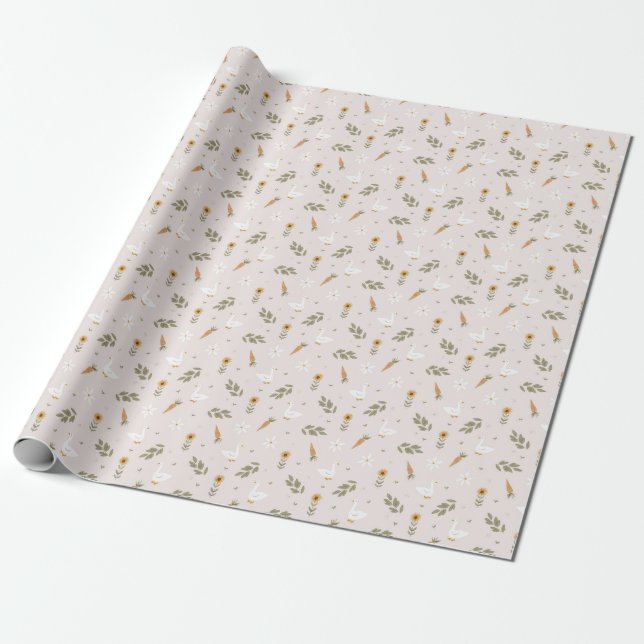 Papel De Presente Ganso de Fazenda Girassóis Cenouras  (Desenrolado)