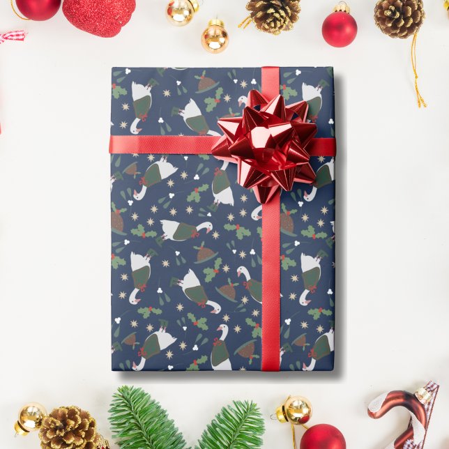 Papel De Presente Ganso de Natal Azul Escuro com Figgy Pudding  (Criador carregado)