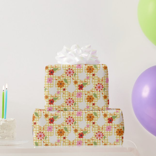 Papel De Presente Gansos Cutos Com Flores Desenhadas À Mão - Verific (Presentes para festas)