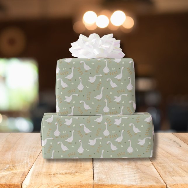 Papel De Presente Gansos Fofos e Padrão de Pegada em Verde Musgo (Criador carregado)